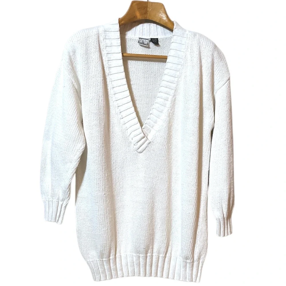 Vintage V Neck Paul Et Duffier White Cotton Ramie Deep V-Neck Knit Sweater Sz L - Picture 7 of 12
